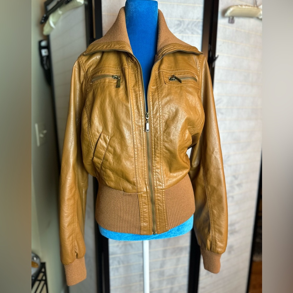 Champagne JouJou Pleather Bomber Jacket with Zipper & Pockets